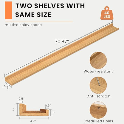 Heimlove Picture Ledge Shelf, Floating Shelves Set of 2, 72 Inches Long Large Picture Shelf for Wall with Ledge, Kids Bookshelf Wall Mounted for Living Room Bedroom Decor Books Photo Frames, Oak