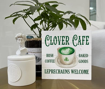 St. Patrick's Day Decor, Wooden Box Sign Desk Decor, White Wood Box Sign, Irish Home Decor, Kitchen Decor for Shelf, Farmhouse Wood Sign, Decor for Cafe Coffee Station, Clover Cafe Irish Coffee Sign