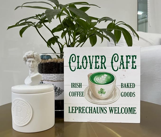 St. Patrick's Day Decor, Wooden Box Sign Desk Decor, White Wood Box Sign, Irish Home Decor, Kitchen Decor for Shelf, Farmhouse Wood Sign, Decor for Cafe Coffee Station, Clover Cafe Irish Coffee Sign