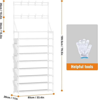 OYREL Shoe Rack 8 Tier Large Shoe Organizer Storage 32-40 Pairs Metal Shoe Storage Rack with Hooks and Side Pocket for Entrance Entryway Closet Shoe Shelf Holder