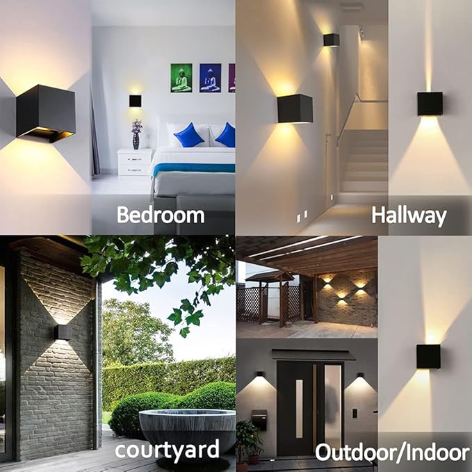 12W LED Wall Sconces Lights Modern Black LED Wall Lamp Set of 2,Up and Down Square 3000K Warm White Wall Lighting Fixtures for Indoor/Outdoor,Living Room,Bedroom,Hallway 3.94in*(2 Pack)