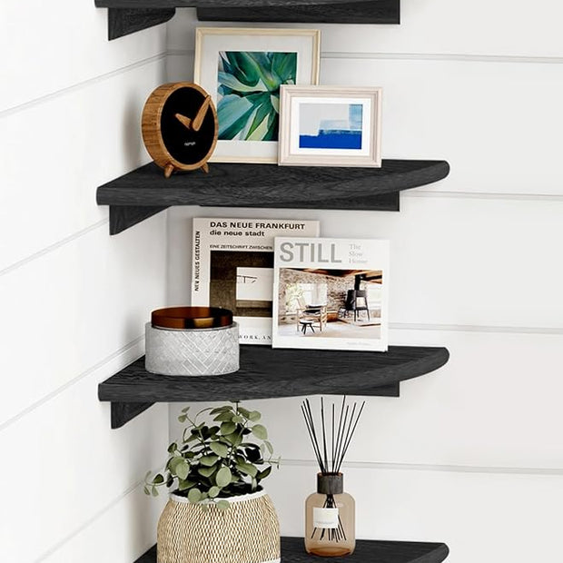 Forbena Black Corner Floating Shelves for Wall Set of 4, Small Rounded Corner Shelves Wall Mount for Bedroom Books, Mini Wood Hanging Corner Shelf for Bathroom Decor, Living Room, Small Spaces