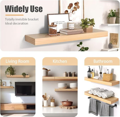 Habudda Floating Shelves, Wooden Wall Shelf for Rustic Decor, Hanging Display Shelving for Bedroom Bathroom Kitchen Living Room, Natural Wood, Invisible Bracket, 23.6"×6.7"×1.6", 2-Pack