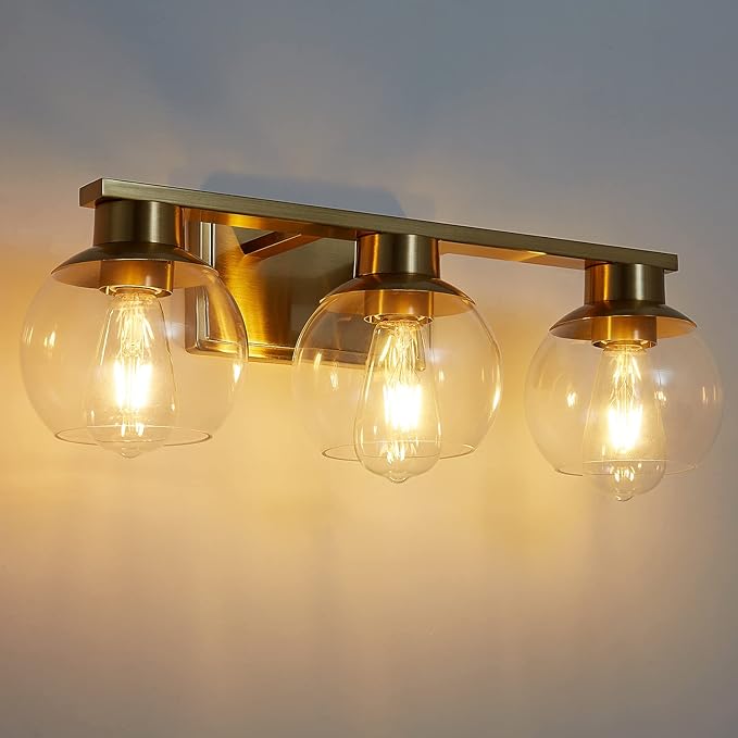 3-Light Brushed Brass Bathroom Vanity Lights, Gold Bathroom Light Fixtures Over Mirror with Globe Glass Shade, 22in Modern Wall Sconces for Bath Mirror Bedroom Hallway, E26 Base (Bulbs Not Included)