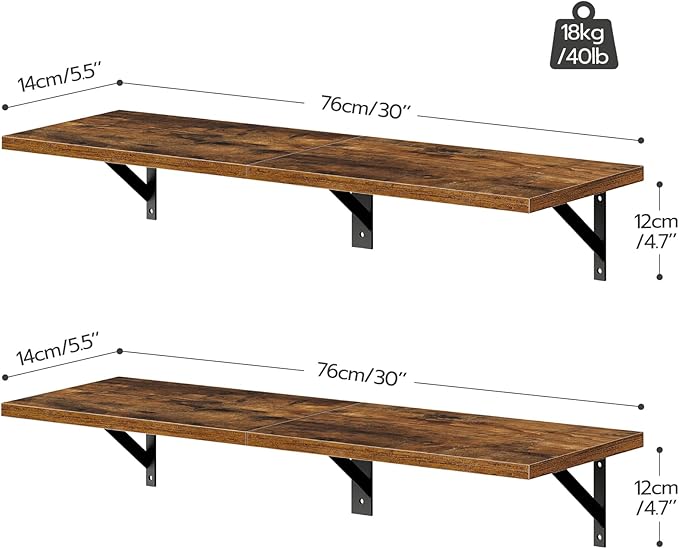 HOOBRO Floating Shelves, 30 Inch Wall Shelf Set of 2, Wall-Mounted Storage Shelves, Retro Hanging Shelf with Metal Frame, for Living Room, Bedroom, Bathroom, Kitchen, Rustic Brown and Black BF24BJ01