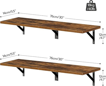 HOOBRO Floating Shelves, 30 Inch Wall Shelf Set of 2, Wall-Mounted Storage Shelves, Retro Hanging Shelf with Metal Frame, for Living Room, Bedroom, Bathroom, Kitchen, Rustic Brown and Black BF24BJ01