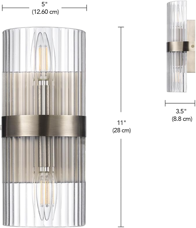 GLOBE Electric 65000046 2-Light Wall Sconce, Matte Brass, Ribbed Glass Shade, E12 Base Sockets, Wall-Lamp Dimmable, Lights for Bedroom, Kitchen Sconces Lighting, Home Decor, Mounted Bedside Lamp