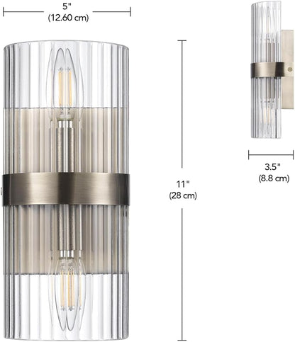 GLOBE Electric 65000046 2-Light Wall Sconce, Matte Brass, Ribbed Glass Shade, E12 Base Sockets, Wall-Lamp Dimmable, Lights for Bedroom, Kitchen Sconces Lighting, Home Decor, Mounted Bedside Lamp
