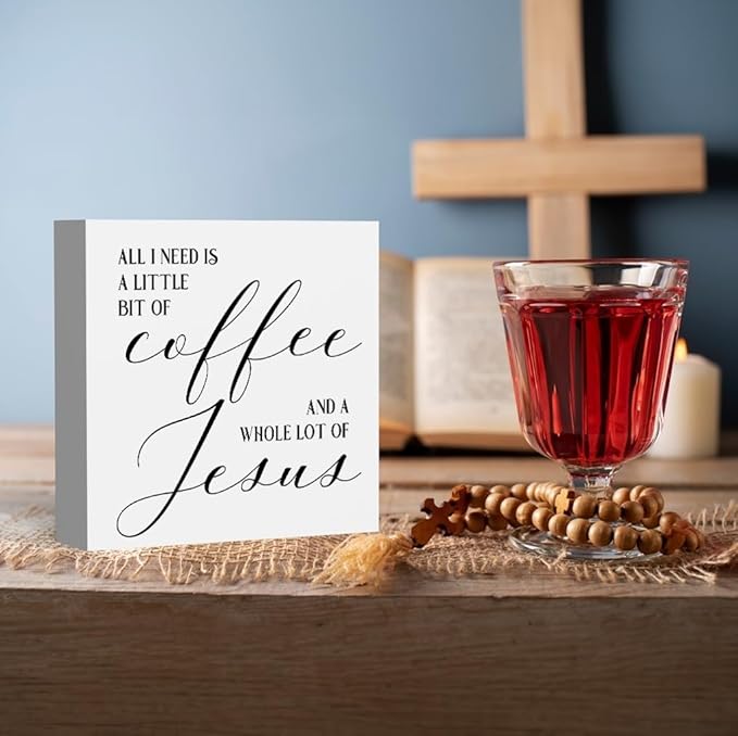 Christian Coffee Bar Sign, Farmhouse Kitchen Decor with Inspirational Quote, Rustic Wood Wall Art for Home Cafe Office