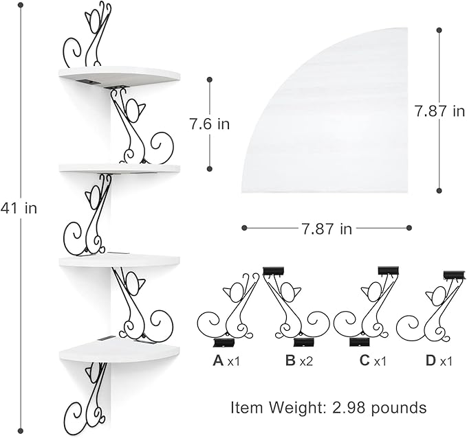 Alsonerbay Floating Corner Wood Shelves, 4 Tier Wall Mounted Rustic Storage Shelf, Cat Shaped Shelving for Wall, Solid Wooden Decor for Living Room, Bedroom, Kitchen, Bathroom, Office White
