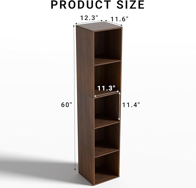 5 Cube Storage Organizer, 5 Tier Cube Low Bookcase Freestanding Storage Display Organizer, Three-Cubes Open Shelf Bookshelf for Home Office (Dark Brown,Black Walnut, 5-Cube)