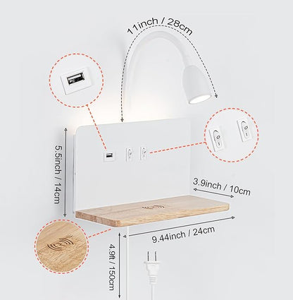 Bedside Wall Sconce with Wireless Charging Station & USB Port, Wall Mounted LED Reading Light with Flexible Gooseneck, 3 Color Temperatures, Plug-in or Hardwired Bed Reading Lamp for Bedroom, White