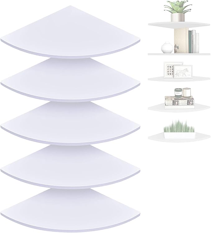 Set of 5 Pieces Corner Mounting Shelf with White, Wood Floating Wall Mounted Storage Shelf for Living Room, Bathroom, Bedroom, Kitchen, Office