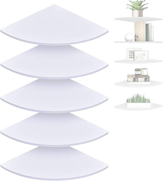 Set of 5 Pieces Corner Mounting Shelf with White, Wood Floating Wall Mounted Storage Shelf for Living Room, Bathroom, Bedroom, Kitchen, Office