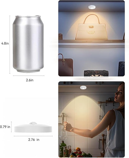 Rechargeable RGB Puck Lights with Remote Control, 1500mAh Battery Operated Push Lights, Dimmable & Timer Under Cabinet Lighting for Closet, Bedroom, Kitchen White 3Pcs