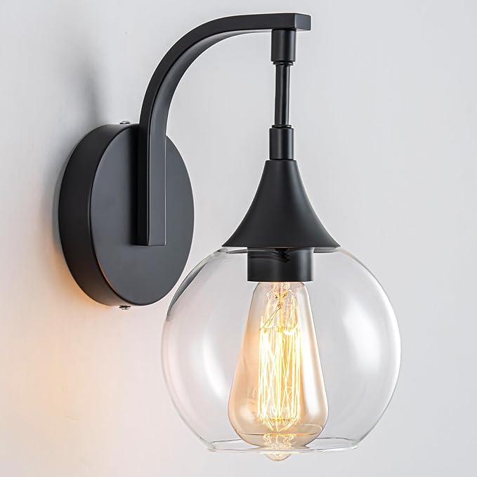 1-Light Bathroom Wall Sconces,Matte Black Sconces Wall Lighting with Clear Glass Shade,Modern Vanity Light Fixtures,Indoor Lamp Wall Mount Light for Mirror, Bedroom
