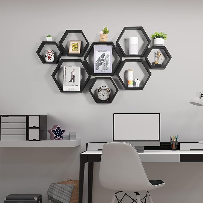 CADUKE Hexagon Shelves for Wall Hexagonal Floating Shelves Set of 8 Honeycomb Wood Shelves for Wall Decor, Hanging Plants Shelf for Living Room Storage Hexagon Racks for Bedroom, Black