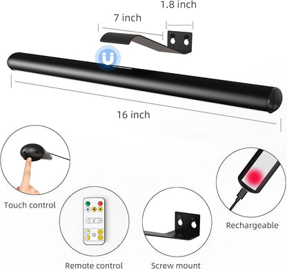 Wireless Picture Light 16inch Rechargeable Battery Painting Light Full Metal with Remote, Led Accent Art Display Light for Wall with Dimmer and Timer for Artwork Portrait Dartboard