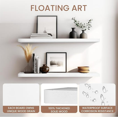 Floating Shelves 16 Inches, Set of 3 Solid Rustic Wood Wall Mounted Shelves (Round Edge), Wall Picture Ledge Shelf with Invisible Metal Brackets for Living Room, Bedroom, Bathroom, White