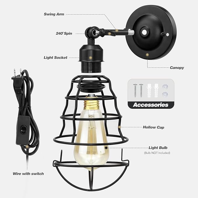 Plug in Wall Sconces 2pack, Industrial Wall Lamp with Plug in Cord, Farmhouse Wall Sconces, Wire Cage Wall Sconce, Vintage Wall Mounted Lamp, Plug in WallLighting Sconce, Black
