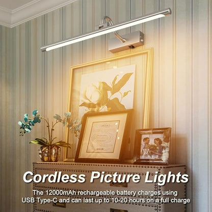 Aipsun 23.6" Brushed Nickel Picture Lights for Wall Rechargeable,12000mAh LED Battery Operated Art Light for Paintings,3CCT Dimmable, Rotatable Gallery Light for Pictures Display