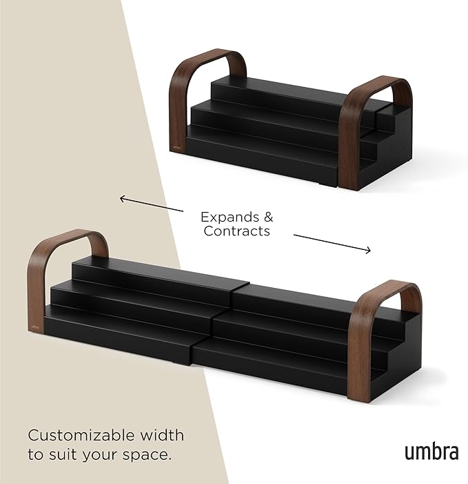 Umbra Bellwood Three-Tier Spice Shelf, Expandable Design Made of Durable Plastic and Wood, Black/Walnut