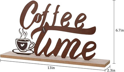 MEETYAMOR Coffee Bars Decor, Wood Metal Coffee Time Sign Decorations for Table Decor, Farmhouse Rustic Coffees Bar Accessories for The Home, Kitchen, Mantle, Shelf