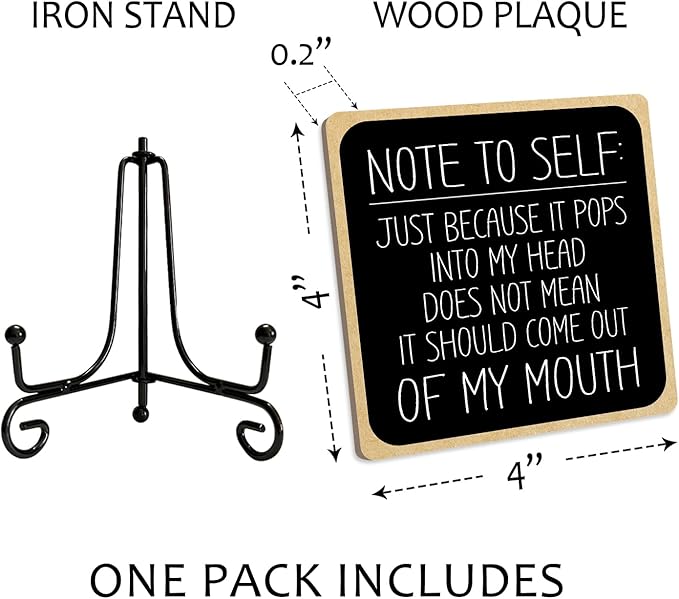 Wood Sign Office Decor - Iron Supported Shelf Decor for Home or Coworker Gifts - Note To Self: Just Because It Pops Into My Head Table Centerpiece - (a006)
