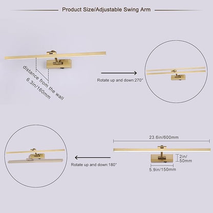 Wireless Picture Lights for Wall Battery Operated, Brass Art Lighting for Paintings Rechargeable Gallery lights with Remote and Timer 3CCT Dimmable Painting Lights for Artwork Portrait 23.6 inch
