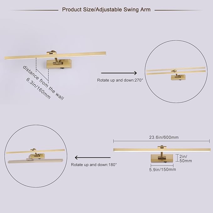 Wireless Picture Lights for Wall Battery Operated, Brass Art Lighting for Paintings Rechargeable Gallery lights with Remote and Timer 3CCT Dimmable Painting Lights for Artwork Portrait 23.6 inch