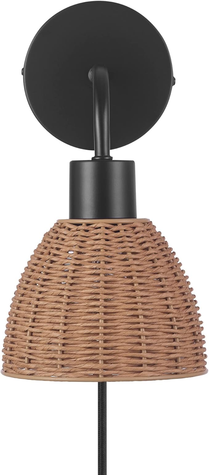 Globe Electric 65933 1-Light Plug-in or Hardwire Wall Sconce, Matte Black, Rattan Shade, 6ft Black Braided Fabric Designer Cord, in-Line On/Off Rocker Switch