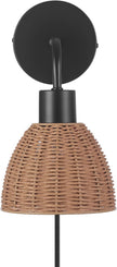 Globe Electric 65933 1-Light Plug-in or Hardwire Wall Sconce, Matte Black, Rattan Shade, 6ft Black Braided Fabric Designer Cord, in-Line On/Off Rocker Switch
