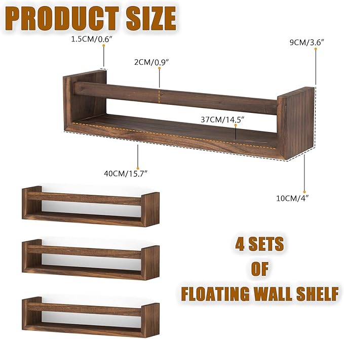 4 Pcs Nursery Book Shelves, 16.5 Inch Floating Bookshelves for Wall, Versatile Wall-Mounted Nursery Bookshelf, Solid Wood Floating Shelves for Books, Toys and Decor Storage