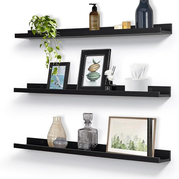 MBYD Dark Black Solid Wood Floating Shelves for Wall, 24 Inch Modern Photo Shelf Wall Mount, Picture Ledge with Lip Set of 3, Book Shelves for Bathroom Bedroom Kitchen Living Room Nursery