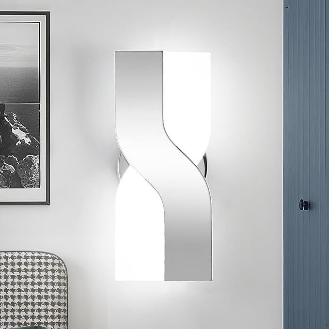 Modern LED Wall Sconce, 6000K Cool White Hardwired Wall Light Fixtures, 8W Chrome Acrylic Wall Mounted Lighting Fixture for Bedroom, Living Room, Hallway, Corridor