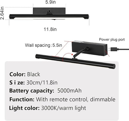 Picture Light for Wall Battery Operated, 12" Rechargeable Art Light with Remote and Timer for Painting, 3 Color Temps, Wireless Wall Light for Display, Artwork, Portrait, Gallery, Black