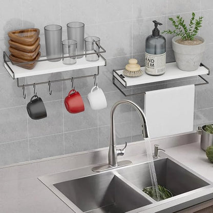 Wall Decor Floating Shelves, Home Decor with Towel Bar/Hooks, Wall Shelves for Bathroom/Living Room/Kitchen/Bedroom, (Black-White) Floating Bathroom Shelves