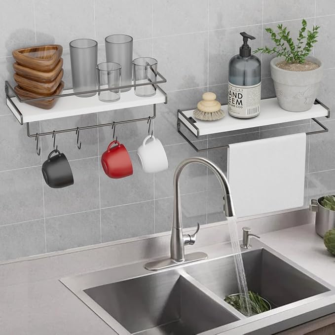 Wall Decor Floating Shelves, Home Decor with Towel Bar/Hooks, Wall Shelves for Bathroom/Living Room/Kitchen/Bedroom, (Black-White) Floating Bathroom Shelves