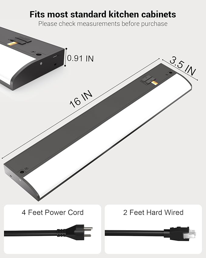16 Inch LED Under Cabinet Light, Plug in Kitchen Lighting, 3CCT Selectable (3000K/4000K/5000K), CRI94 High Color Accuracy, Linkable, Slim Design Dimmable, Black