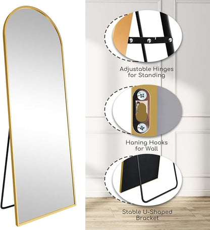 Arched Full Length Mirror, 64 "x 21" Floor Length Mirror with Stand, Wall Mounted Mirrors, Standing Mirrors with Aluminum Alloy Frame, Freestanding, Wall-Mounted or Leaning(Gold)