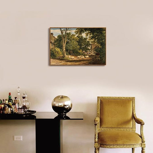 OIQArtOIQ Vintage Framed Wall Art Rural Farm Scene Canvas Art Prints Countryside Landscape Pictures Wall Decor Modern Rustic Farmhouse Paintings Artwork For Bedroom Bathroom Office Living Room