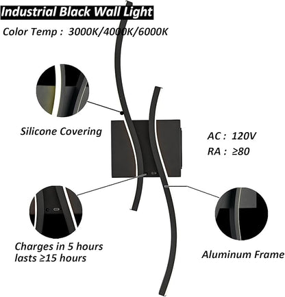 Battery Operated Wall Sconce with Remote Control,10000mAh USB Rechargeable Wireless Minimalist Black Wall Light,3000K-6000K Dimmable LED Wall Lamp for Bedroom Hallway Background Staircase -1 Pcs