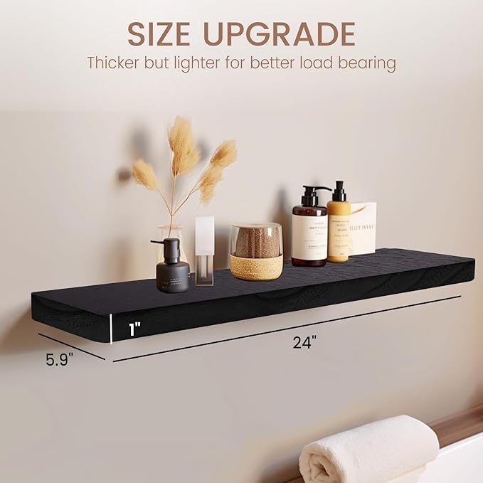 Floating Shelves 24 Inches Long, Set of 2 Solid Rustic Wood Wall Mounted Shelves, Wall Picture Ledge Shelf with Invisible Metal Brackets for Living Room, Bedroom, Bathroom, Black