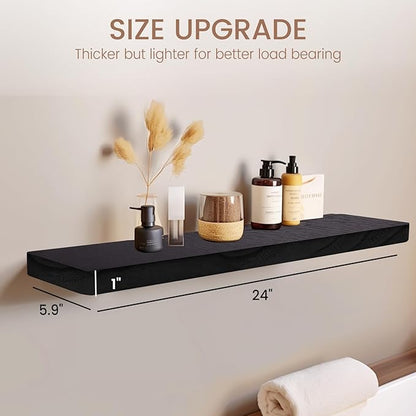Floating Shelves 24 Inches Long, Set of 2 Solid Rustic Wood Wall Mounted Shelves, Wall Picture Ledge Shelf with Invisible Metal Brackets for Living Room, Bedroom, Bathroom, Black