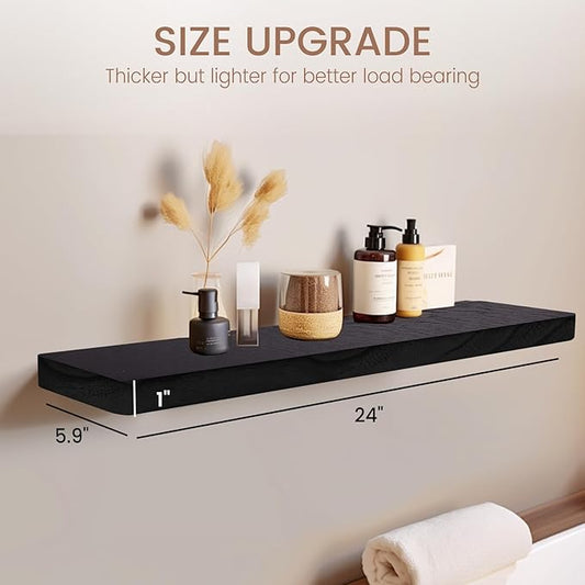 Floating Shelves 24 Inches Long, Set of 2 Solid Rustic Wood Wall Mounted Shelves, Wall Picture Ledge Shelf with Invisible Metal Brackets for Living Room, Bedroom, Bathroom, Black