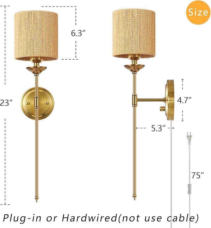 Rattan Plug in Wall Sconces Set of 2, Gold Bedside Dimmable Wall Lamp with Knob Dimmer Switch and 6.5FT Electric Cord, Boho Bathroom Wall Light Fixture for Bedroom Living Room