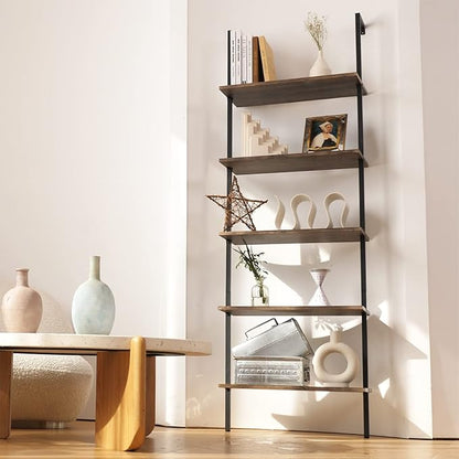 aboxoo Ladder Shelf Open Bookshelf 5-tier Wood Wall-mounted Bookcase Storage Rack Open Back Industrial Modern Plant Flower Stand Utility Organizer Bookcase Metal Frame Furniture Office Kitchen Bedroom