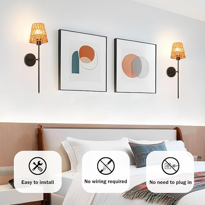 Boho Battery Operated Wall Sconce Set of 2, Black Rattan Rechargeable Wall Lights with Dimmable Bulbs and Remote,15 Colors Wireless Wall Lamps for Bedroom Living Room Hallway Decor