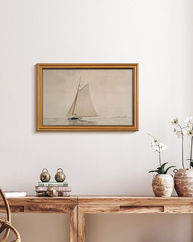 HUARCEY Gold Framed Vintage Wall Art for Living Room, Seaview Painting Prints Shelf Decor for Kitchen, Aesthetic Bedroom Large Wall Art, Gifts for Friends or Family (White Sailboat - 16