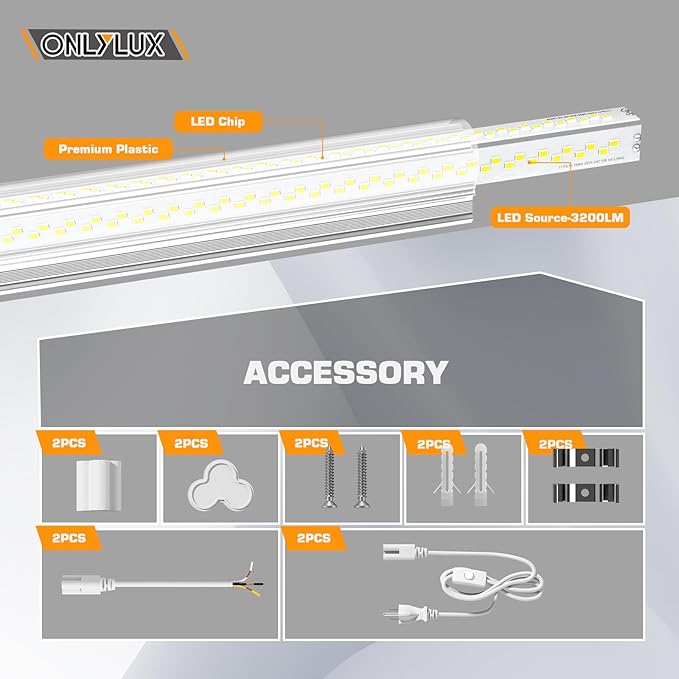 LED Shop Lights, LED Tube Light 25W 6000K, Garage Lighting, Super Bright, Under Cabinet Lighting, Linkable with Plug Shop Lights for Garage Workbench Workshop Basement (2 Pack)